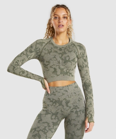 Gymshark Adapt Camo Seamless Crop Top Tişörtü Kadın Yeşil | 041-QUNHDJ