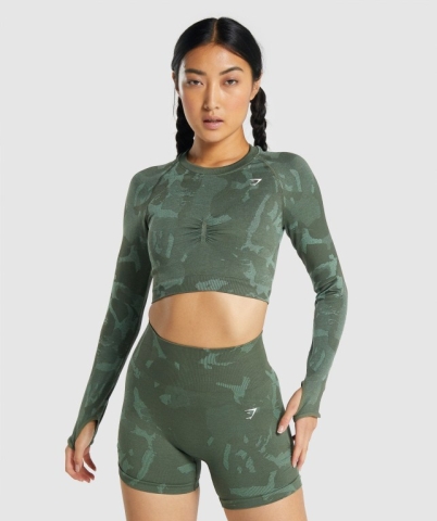 Gymshark Adapt Camo Seamless Crop Top Tişört Kadın Yeşil | 219-BJGQVR