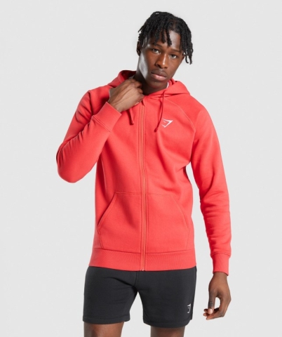 Gymshark Crest Zip Up Kapüşonlu Sweatshirt Erkek Kırmızı | 945-FTQEKN