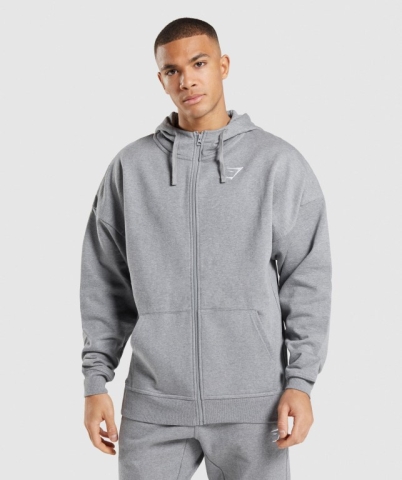 Gymshark Essential Oversized Zip Up Kapüşonlu Sweatshirt Erkek Gri | 590-QJTLMS