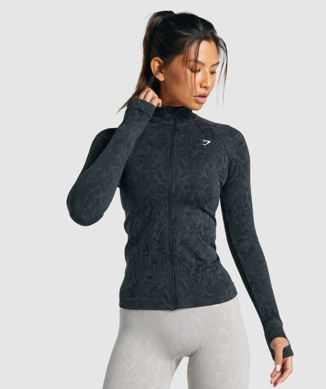 Gymshark Adapt Animal Seamless Zip Up Ceket Kadın Siyah | 752-GNVZUB