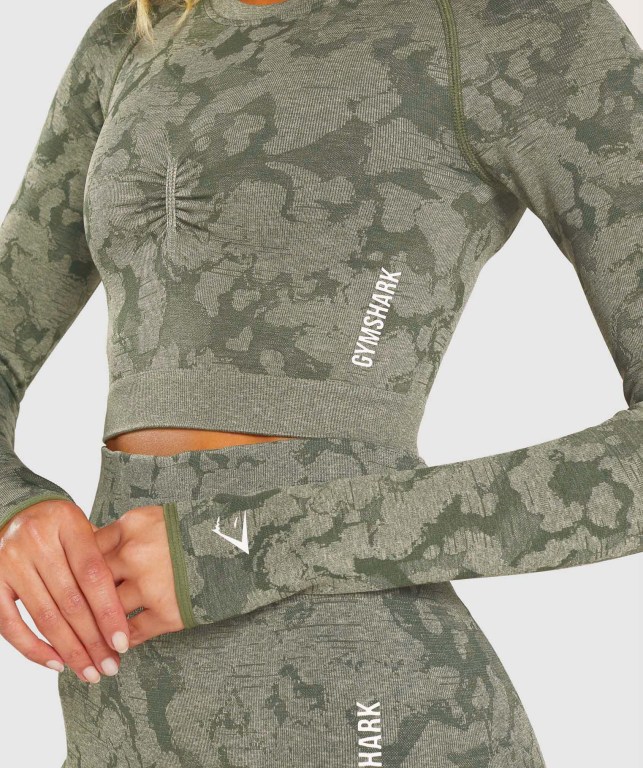 Gymshark Adapt Camo Seamless Crop Top Tişörtü Kadın Yeşil | 041-QUNHDJ