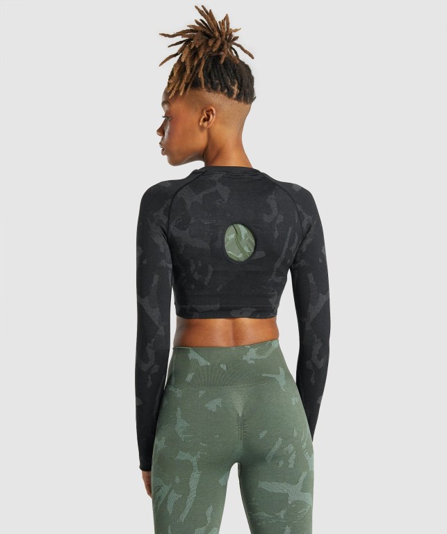 Gymshark Adapt Camo Seamless Crop Top Tişört Kadın Siyah | 092-VUIRLX