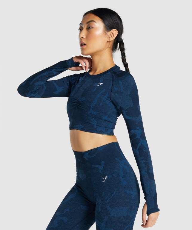 Gymshark Adapt Camo Seamless Crop Top Tişört Kadın Lacivert | 425-TVBCEI