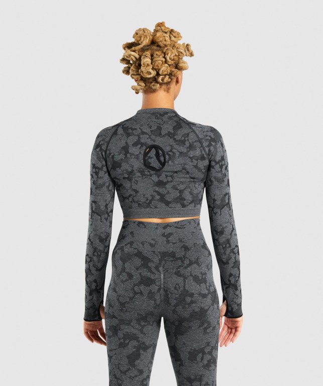 Gymshark Adapt Camo Seamless Crop Top Tişört Kadın Siyah | 843-QZMIPT