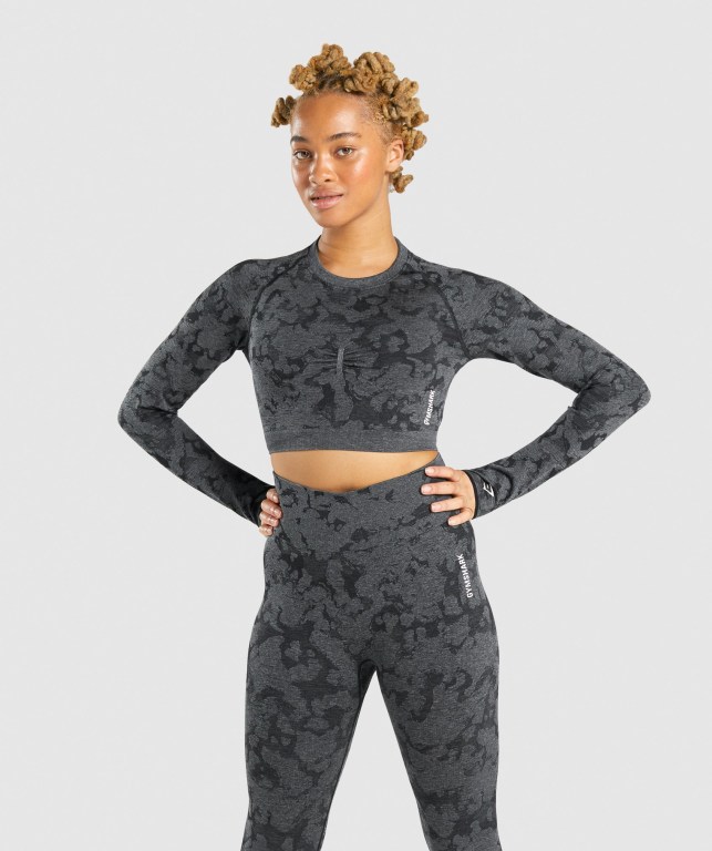 Gymshark Adapt Camo Seamless Crop Top Tişört Kadın Siyah | 843-QZMIPT