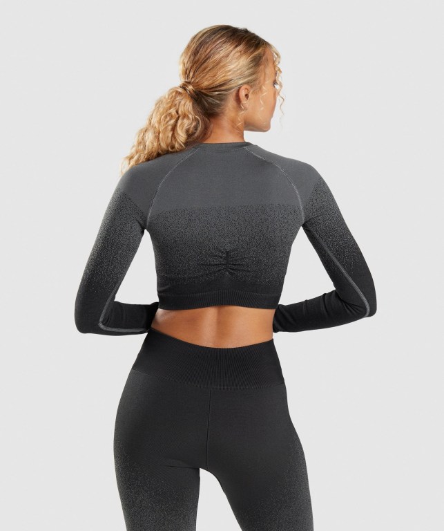 Gymshark Adapt Ombre Seamless Crop Top Tişörtü Kadın Siyah Gri | 374-SUPQWI