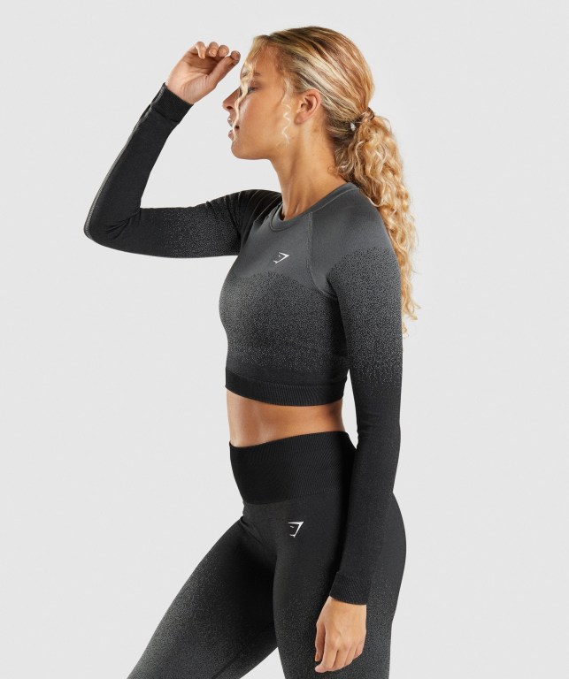 Gymshark Adapt Ombre Seamless Crop Top Tişörtü Kadın Siyah Gri | 374-SUPQWI