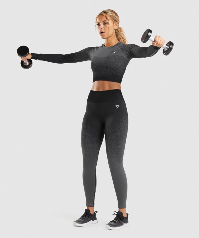 Gymshark Adapt Ombre Seamless Crop Top Tişörtü Kadın Siyah Gri | 374-SUPQWI