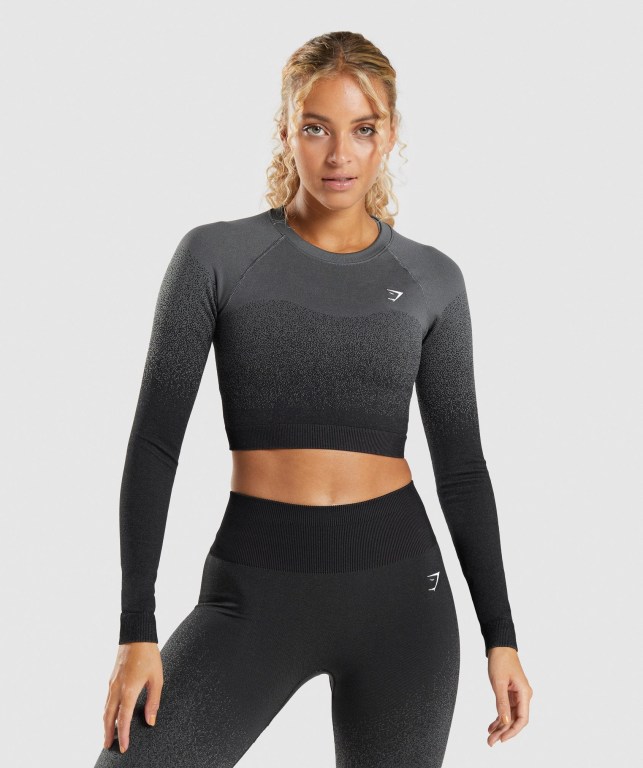 Gymshark Adapt Ombre Seamless Crop Top Tişörtü Kadın Siyah Gri | 374-SUPQWI