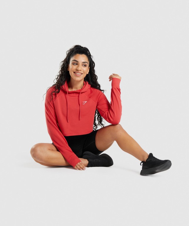 Gymshark Antrenman Cropped Kapüşonlu Sweatshirt Kadın Kırmızı | 740-SMOLHU