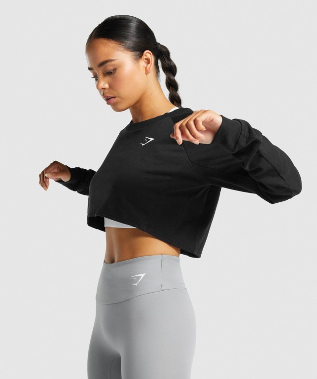 Gymshark Antrenman Cropped Kazak Kapüşonlu Sweatshirt Kadın Siyah | 420-IJXBAZ