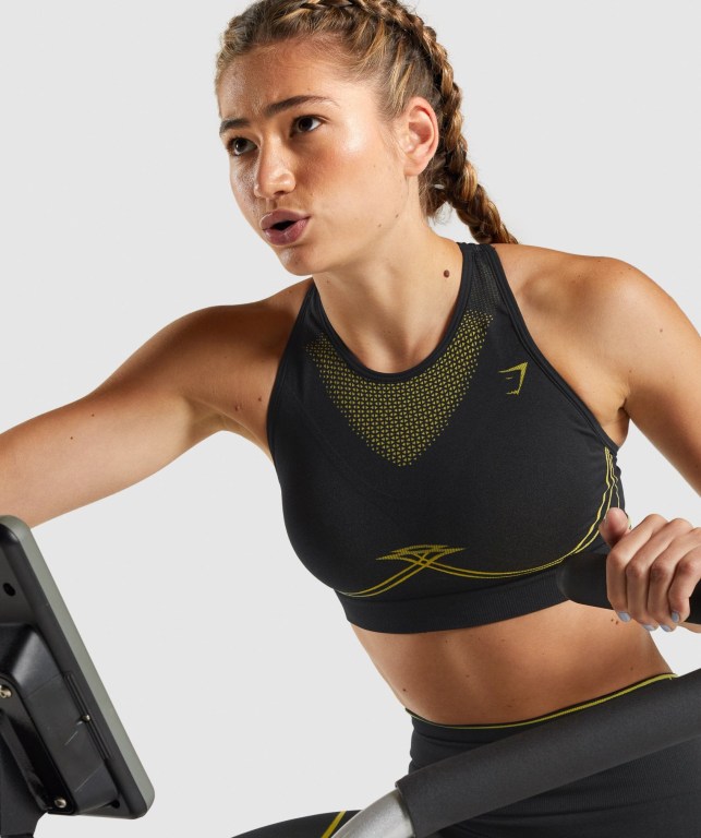 Gymshark Apex Seamless Spor Sütyeni Kadın Siyah Sarı | 653-EMGVWP