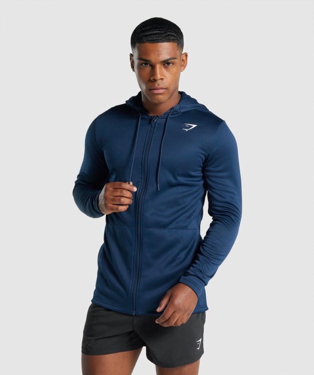 Gymshark Arrival Zip Up Kapüşonlu Sweatshirt Erkek Lacivert | 043-UPNFBZ