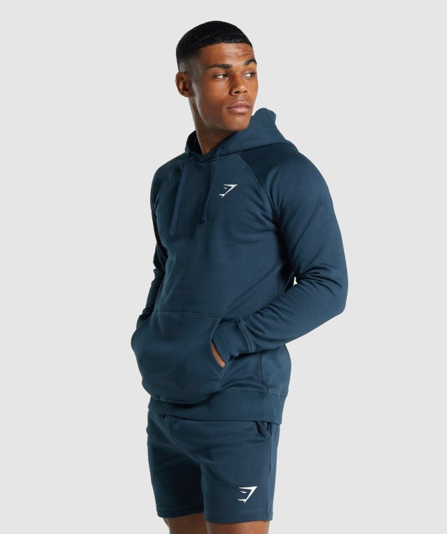 Gymshark Crest Kapüşonlu Sweatshirt Erkek Lacivert | 063-XKBHNT