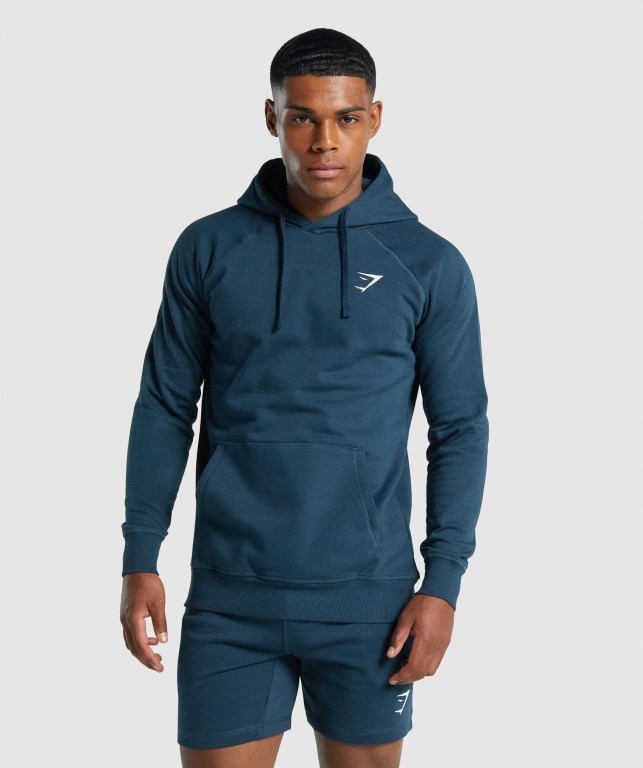 Gymshark Crest Kapüşonlu Sweatshirt Erkek Lacivert | 063-XKBHNT