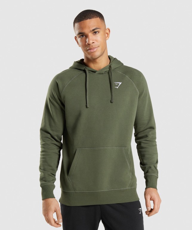 Gymshark Crest Kapüşonlu Sweatshirt Erkek Zeytin Yeşili | 982-LHNMES