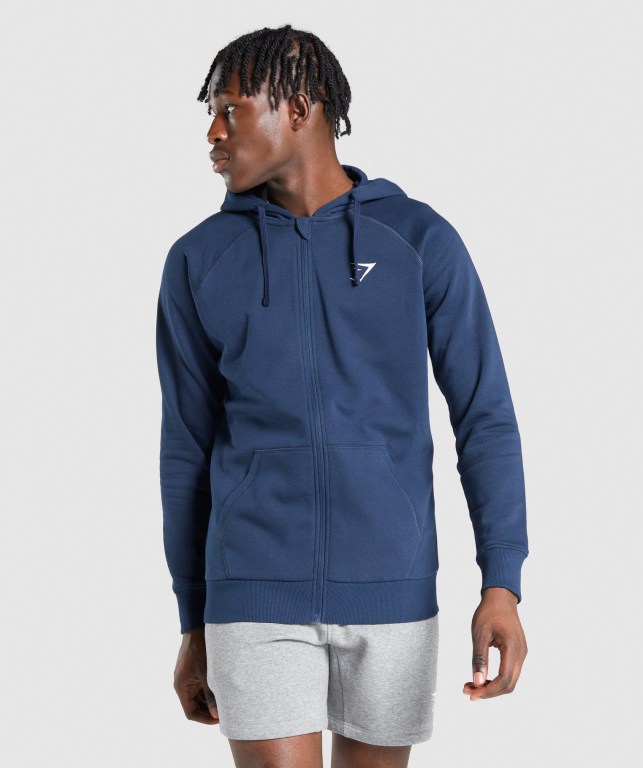 Gymshark Crest Zip Up Kapüşonlu Sweatshirt Erkek Lacivert | 347-NUKDXA