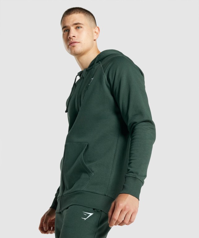 Gymshark Crest Zip Up Kapüşonlu Sweatshirt Erkek Koyu Yeşil | 469-WPEOGK