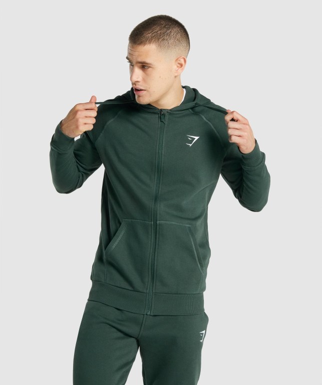 Gymshark Crest Zip Up Kapüşonlu Sweatshirt Erkek Koyu Yeşil | 469-WPEOGK