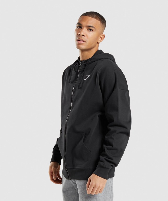 Gymshark Essential Oversized Zip Up Kapüşonlu Sweatshirt Erkek Siyah | 408-FPOAXJ