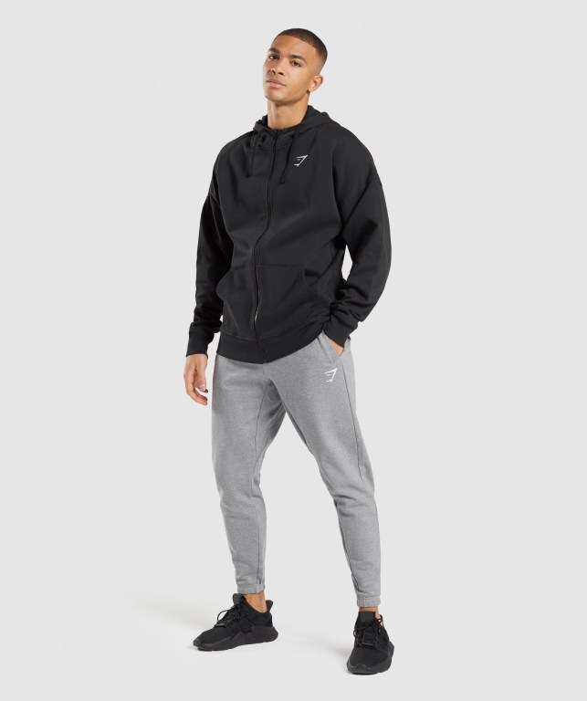 Gymshark Essential Oversized Zip Up Kapüşonlu Sweatshirt Erkek Siyah | 408-FPOAXJ