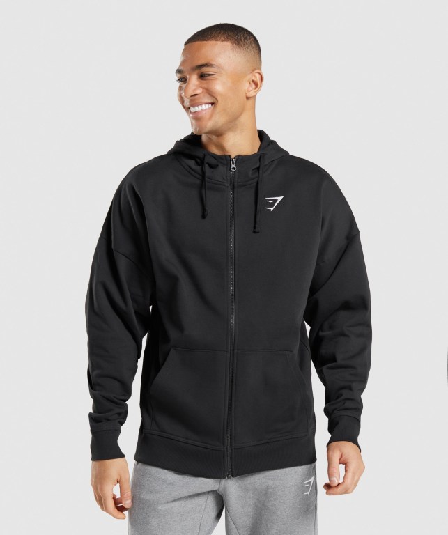 Gymshark Essential Oversized Zip Up Kapüşonlu Sweatshirt Erkek Siyah | 408-FPOAXJ