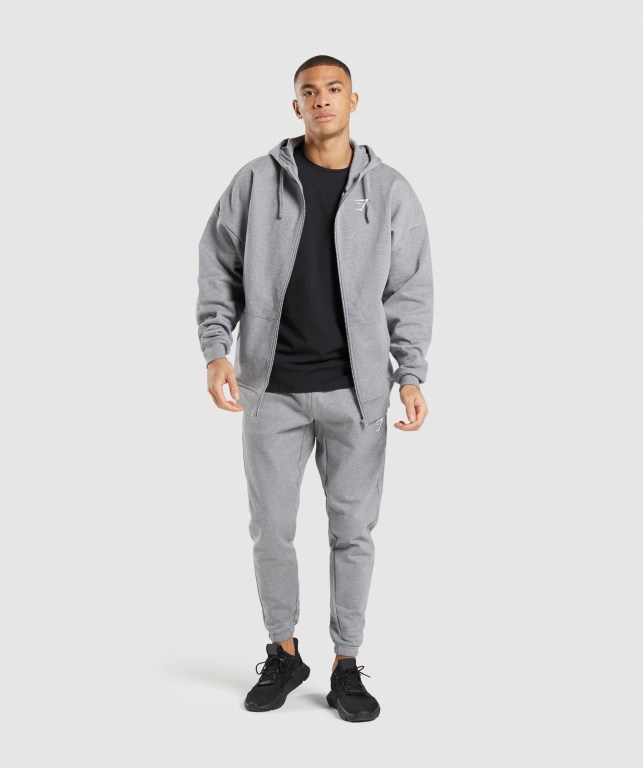 Gymshark Essential Oversized Zip Up Kapüşonlu Sweatshirt Erkek Gri | 590-QJTLMS