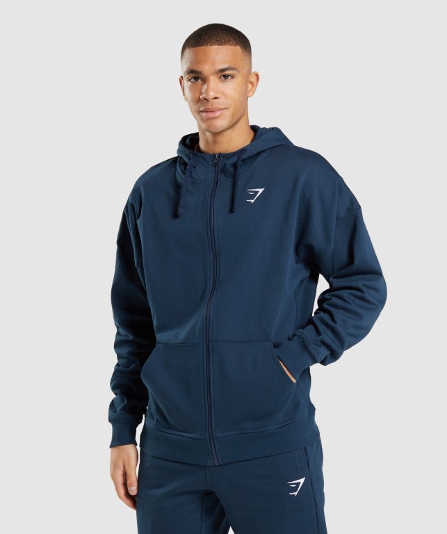 Gymshark Essential Oversized Zip Up Kapüşonlu Sweatshirt Erkek Lacivert | 971-PNEWHO