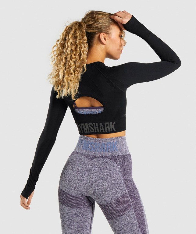 Gymshark Flex Sports Crop Top Tişört Kadın Siyah Gri | 025-RGNTKV