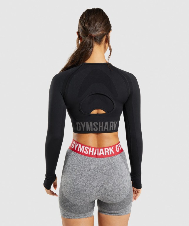 Gymshark Flex Sports Crop Top Tişört Kadın Siyah | 502-DQRLVU