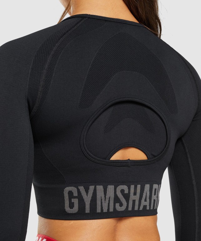 Gymshark Flex Sports Crop Top Tişört Kadın Siyah | 502-DQRLVU