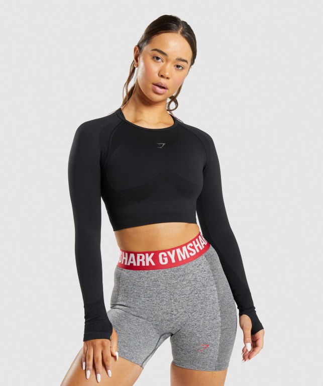 Gymshark Flex Sports Crop Top Tişört Kadın Siyah | 502-DQRLVU