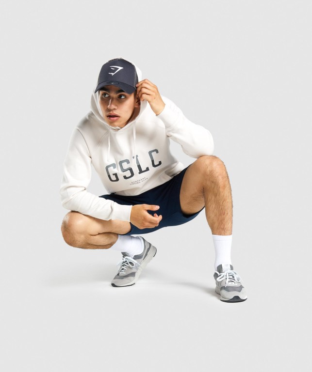 Gymshark GSLC Collegiate Kapüşonlu Sweatshirt Erkek Krema | 459-OVBWEJ