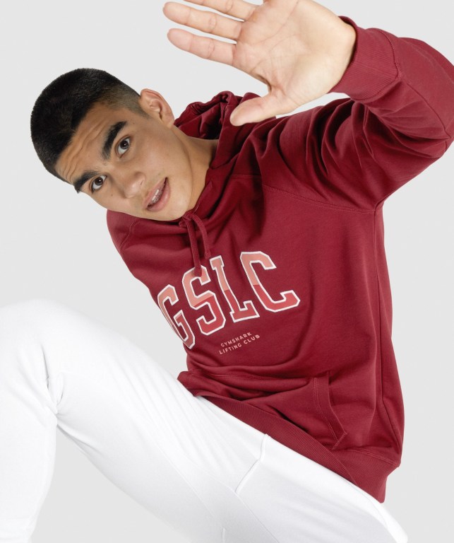 Gymshark GSLC Collegiate Kapüşonlu Sweatshirt Erkek Bordo | 587-FMGZXR