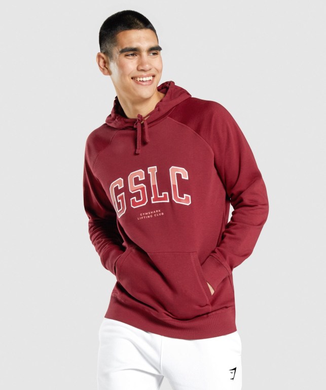 Gymshark GSLC Collegiate Kapüşonlu Sweatshirt Erkek Bordo | 587-FMGZXR