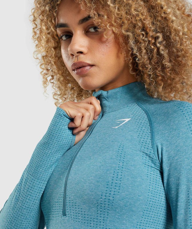 Gymshark Vital Seamless 2.0 1/2 Zip Kapüşonlu Sweatshirt Kadın Turkuaz | 263-CKSNVJ