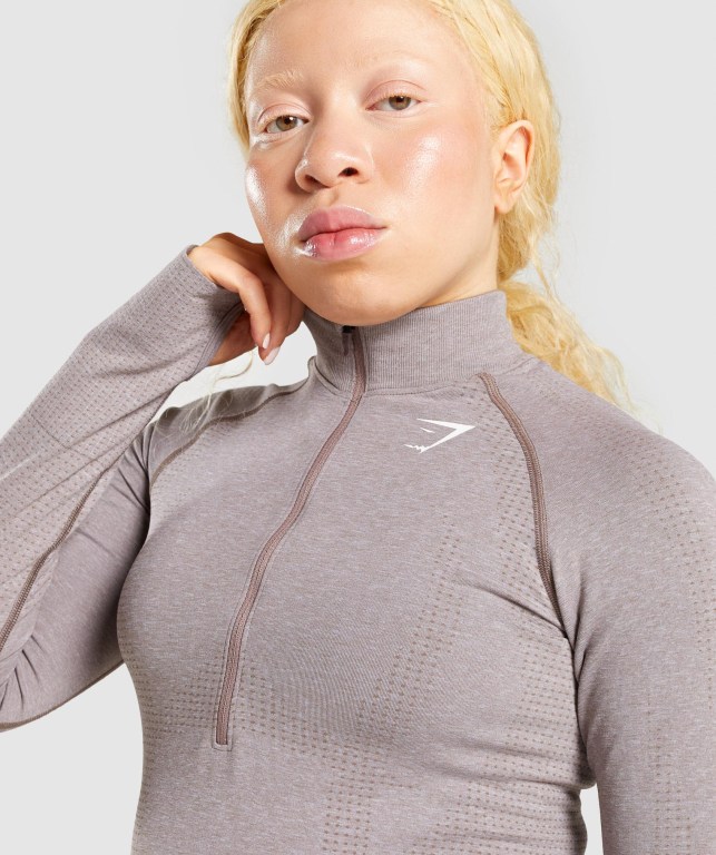 Gymshark Vital Seamless 2.0 1/2 Zip Kapüşonlu Sweatshirt Kadın Gri Kahverengi | 371-EUCSPB