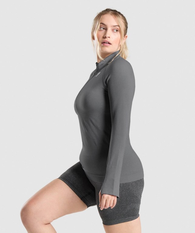 Gymshark Vital Seamless 2.0 1/2 Zip Kapüşonlu Sweatshirt Kadın Gri | 621-OWGQXR