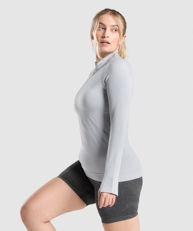 Gymshark Vital Seamless 2.0 1/2 Zip Kapüşonlu Sweatshirt Kadın Açık Gri | 816-BETYFR