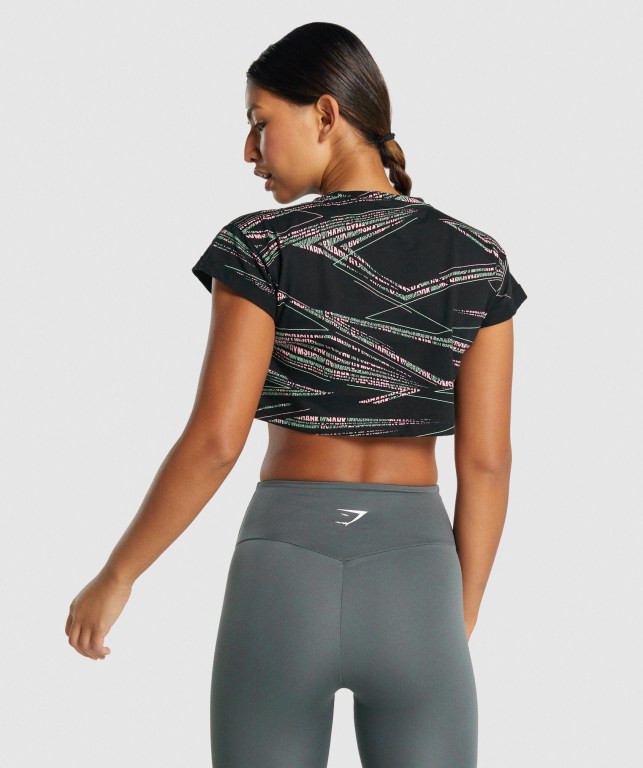 Gymshark Zone Graphic Crop Tişört Kadın Siyah Yeşil | 049-OSMYKE